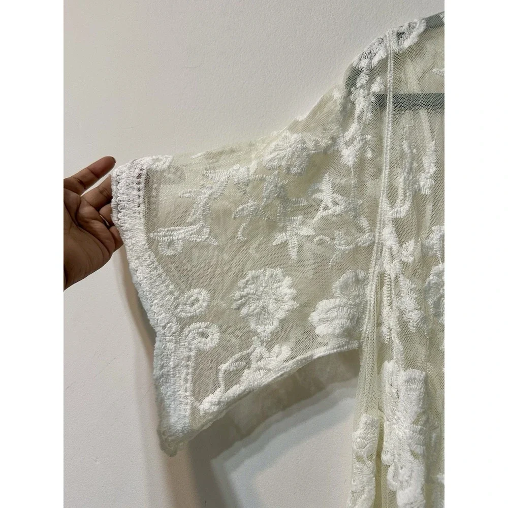 rue21 Womens Large White Lace Kimono Duster Cardigan Sheer Floral Tie Front Boho